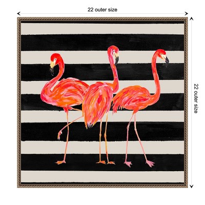 Vibrant Flamingo Trio on Black and White Striped Canvas Framed Wall Art 22 x 22
