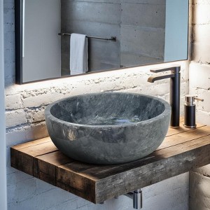 Dark Grey Marble Vessel Sink – Handcrafted Round Bathroom Basin, 16.34 Inch Polished Natural Marble Vanity Sink, Durable Stone Sink Modern Bathroom - 1 of 4