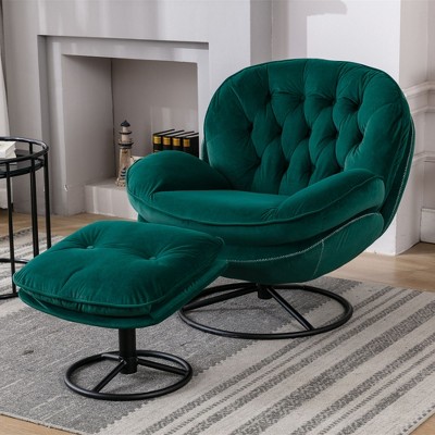 Okak Modern Velvet Accent Chair Living Room Chair with Ottoman Comfy Upholstered TV Chair sofa for Lounge Office Bedroom, Green