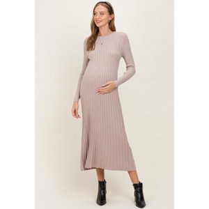 Pinkblush Beige Ribbed Long Sleeve Maternity Sweater Midi Dress - 1 of 4