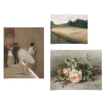 Americanflat 3 Piece Vintage Gallery Wall Art Set - Pale Pink Roses, Behind The Curtain, Field Of Oats by Maple + Oak