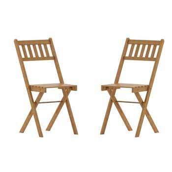 Merrick Lane Set of 2 Solid Acacia Wood Armless Folding Patio Bistro Chairs with Slatted Backs and Seats in Natural Finish