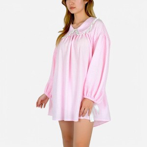 Anna-Kaci Lounge Women's Gingham Long Sleeve Nightgown with Peter Pan Collar and Ribbon Trim Detail - 1 of 4