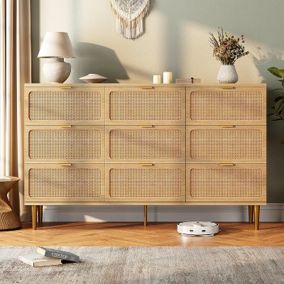 Acekool 9 Drawer Rattan Dresser for Bedroom, Large Chest of Drawers, Wide Top, Wooden Storage
