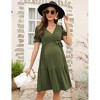 Women's Maternity Dress Puff Short Sleeves V Neck Dresses Casual High Waist A Line Solid Color Midi Dress with Belt - 3 of 4