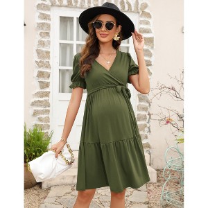 Women's Maternity V Neck Short Puff Sleeves Dresses Pregnancy Casual Tie High Waist A Line Solid Color Midi Dress - 1 of 4