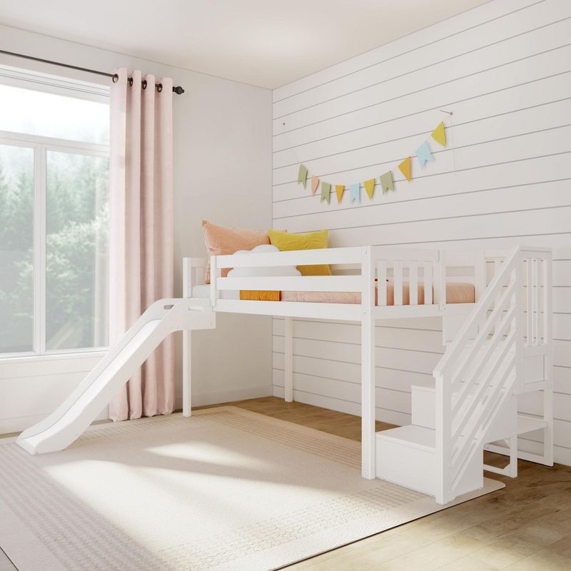 Max & Lily Twin Size Low Loft Bed with Slide and Stairs, Solid Wood Kids Platform Bed with 14” Guardrails, 1 of 6