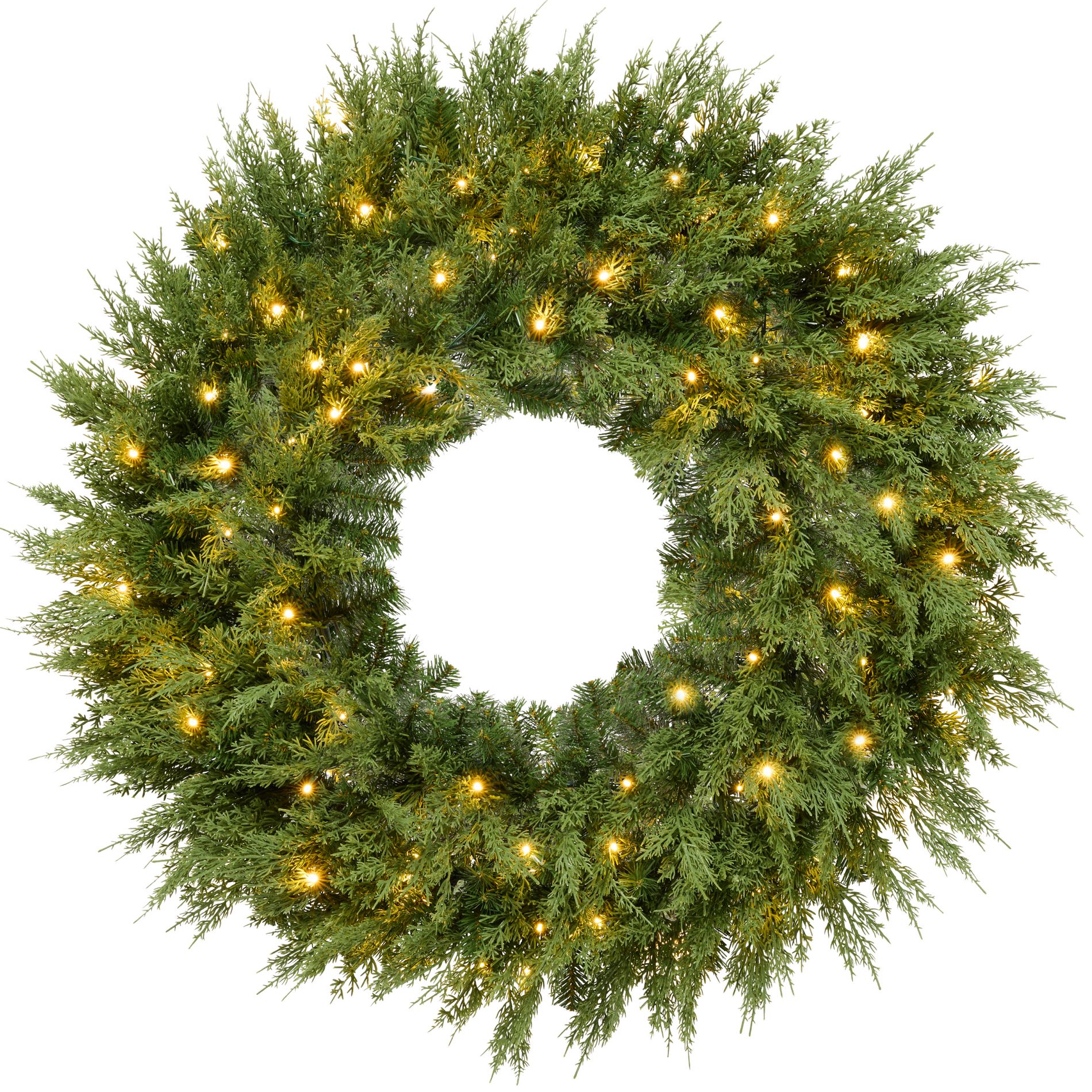 Pre-Lit Cedar Cypress Christmas Wreath w/ Twinkling LEDs,  Realistic Large Indoor/Outdoor Holiday Decor, Plug-In