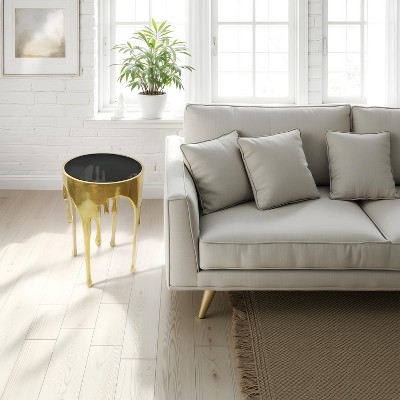 Royal Hampton Side End Table | 24.75 Inch Round Glass Top | Melting Drip Design |  Antique Gold