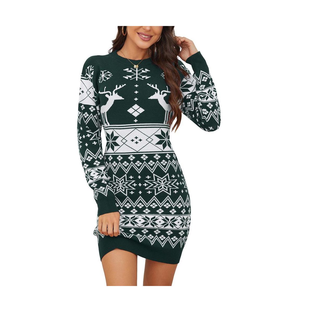 Women's Cute Ugly Christmas Sweater Dress Long Sleeve Crew Neck Pullover Reindeer Snowflakes Printed Holiday Mini Sweater Dress