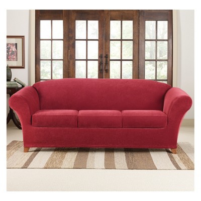Red Stretch Pique Sofa Slipcover with Cushion Covers