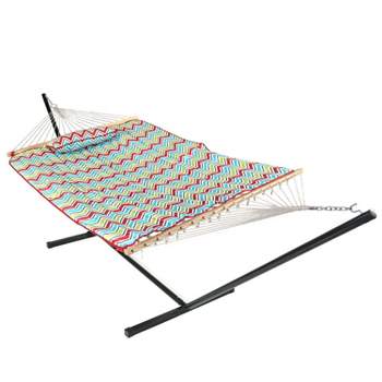 Sunnydaze Cotton Rope Freestanding Hammock with Spreader Bar with Portable Steel Stand and Pad and Pillow Set - 12' Stand