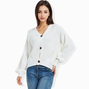 Anna-Kaci Women's Long Lantern Sleeve Cardigan Button Down Open Front Knit Sweater Cardigan - 1 of 4