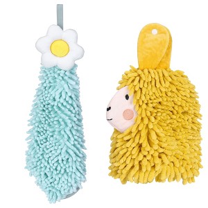 REGALWOVEN Soft Absorbent Flower Pattern and Sheep Pattern Chenille Hand Towel with Loop 6" x 15"/7" x 11" 2 Pcs - 1 of 4