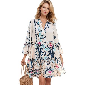 Amaryllis Women's Boho Floral Print Button-Down Tiered Mini Dress 3/4 Sleeve V-Neck Flowy Ruffle Hem Chic Casual Style - 1 of 4