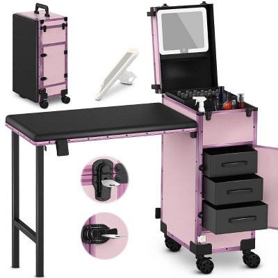 EASYINBEAUTY Foldable Rolling Portable Manicure Table with 3 Drawers, Mirror & Nail Polish Organizer - Pink