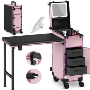 EASYINBEAUTY Foldable Rolling Portable Manicure Table with 3 Drawers, Mirror & Nail Polish Organizer - Pink - 1 of 4