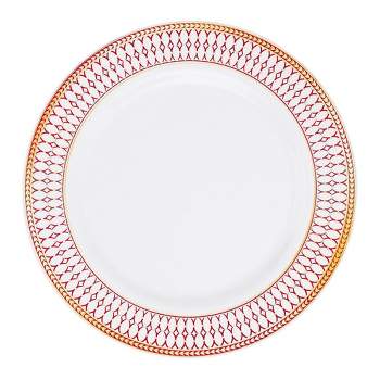 Smarty Had A Party 10.25" White with Red and Gold Chord Rim Plastic Dinner Plates (120 Plates)