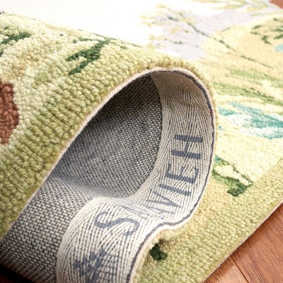 Beige and Green Hand-Hooked Wool Floral Runner