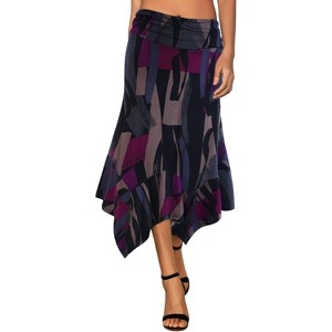 Women's Flowy Handkerchief Hem Midi Skirt - Asymmetric Boho Chic A-Line Skirt Black Purple Painting - 1 of 4