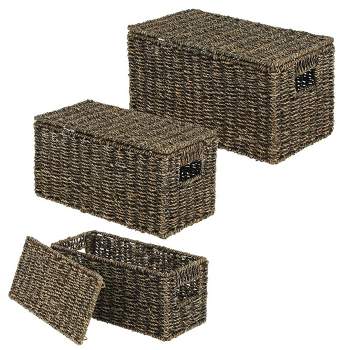 mDesign Woven Seagrass Home Storage Basket with Lid, Set of 3 - Black Finish