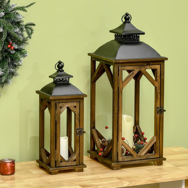 HOMCOM 2 Pack 31"/21" Large Rustic Lantern Decorations, Hanging Wooden Metal Indoor Covered Outdoor Lantern for Home Decor (No Glass), 3 of 7