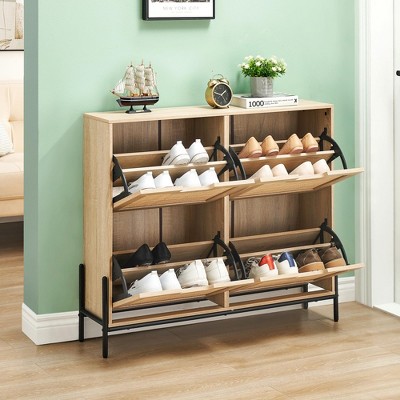 Hidden Rattan Shoe Cabinet with Drawer/ 4 Flip Doors Narrow Shoe Storage,Shoe Organizer