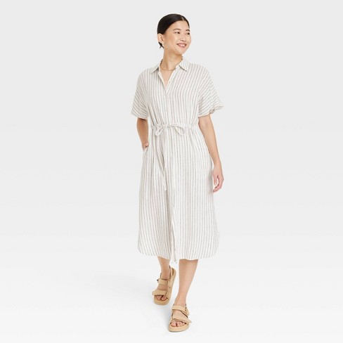 Women's Short Sleeve Linen Midi Shirtdress - A New Day™ Cream Striped XL