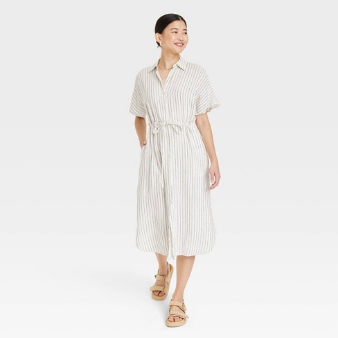 STRIPED MIDI SHIRTDRESS - Ecru / Navy