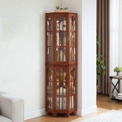 70" Corner Display Curio Cabinet, Glass Corner Cabinet with 6 Adjustable Shelves, Bar and Liquor Storage Cabinet for Kitchen Living Room Office