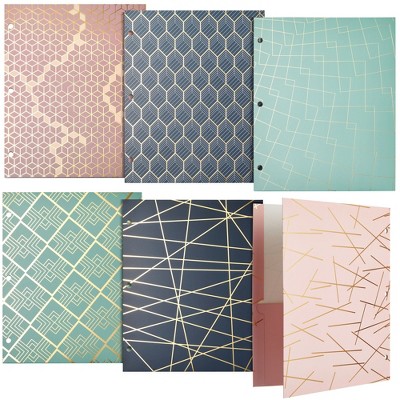 Paper Junkie 6 Pack School Folders with Pockets, 3 Hole Punched with 6 Geometric Designs for Office Supplies (9.5 x 12 In)