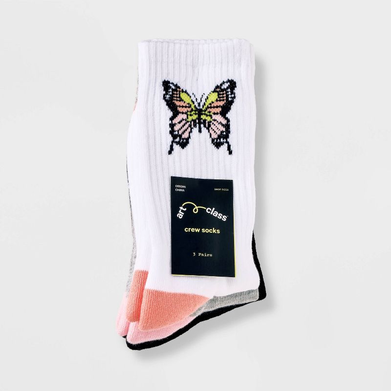 Girls' 3pk Butterfly Crew Socks - art class™ White/Black/Gray, 3 of 5