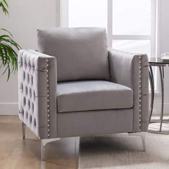 Modern Velvet Armchair Tufted Button Accent Club Chair with Steel Legs-ModernLuxe