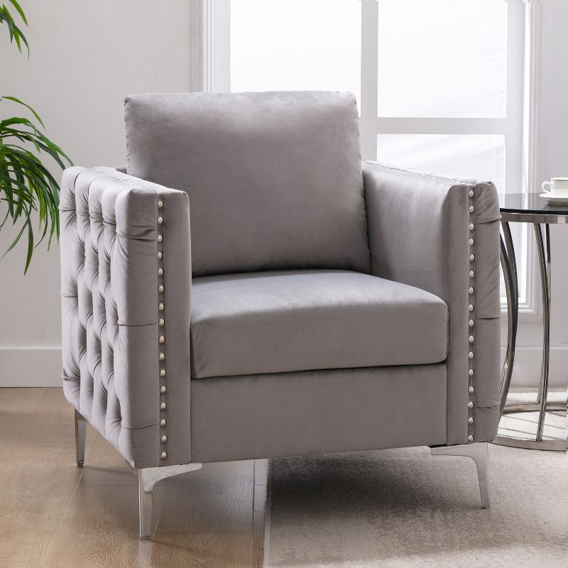 Modern Velvet Armchair Tufted Button Accent Club Chair with Steel Legs-ModernLuxe, 1 of 8