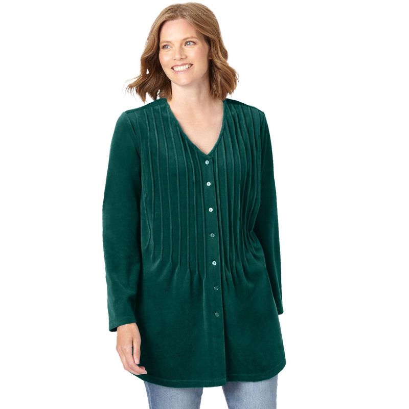 Woman Within Women's Plus Size Knit velour tunic shirt in a comfortable A-line with pintucks, 1 of 3