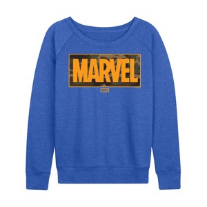 Women's - Marvel - Camo Logo Lightweight French Terry Wide Neck Long Sleeve Graphic Shirt - 1 of 3