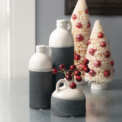Set of 3 White and Black Textured Ceramic Jug Vases
