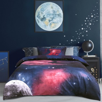 2 Pcs Queen Polyester Sky Cosmos Night Pattern 3D Printed Bedding Sets Fuchsia  - PiccoCasa