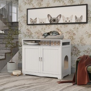 CAVINAS Litter Box Enclosure with Hidden Electrical Plug,2-Door Multifunctional Cat Furniture Cabinet with Shelf - 1 of 4