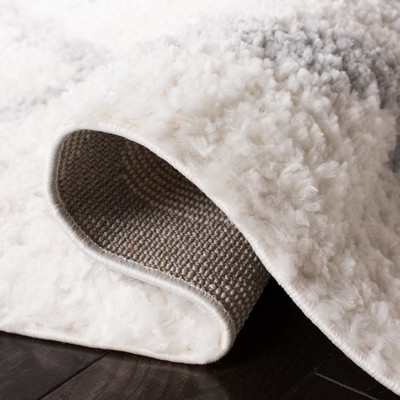 Hand-Knotted Cream and Grey Synthetic Shag Area Rug, 6'7" Square