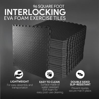 Black 96 Sq Ft EVA Foam Interlocking Exercise Mat Tiles