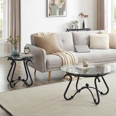 Hotraffy 2 Piece Tempered Glass Surface Coffee Table Set