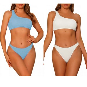 Elerevyo Women's One Shoulder Bikini Asymmetric Ribbed Triangle Bottoms Sporty Swimwear Bathing Suits 2 Sets - 1 of 4