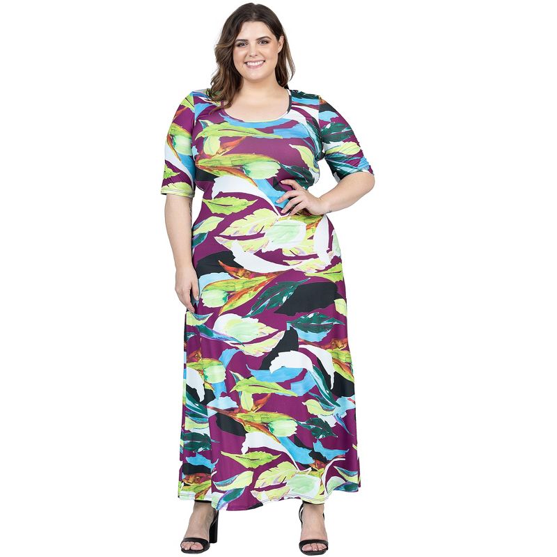 24seven Comfort Apparel Plus Size Multicolor Floral Print Elbow Sleeve Casual A Line Maxi Dress, 1 of 7