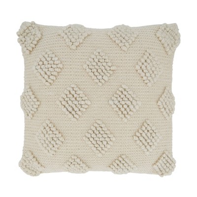 18"x18" Diamond Design with Pom-Poms Square Throw Pillow Cover Ivory - Saro Lifestyle