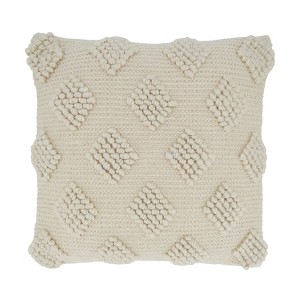 18"x18" Diamond Design with Pom-Poms Square Throw Pillow Cover Ivory - Saro Lifestyle: Bohemian Style, Zippered, Polyester & Cotton Blend - 1 of 4
