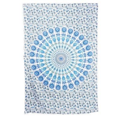 HomeRoots 80" X 56" Blue And White Mandala Cotton Hanging Tapestry