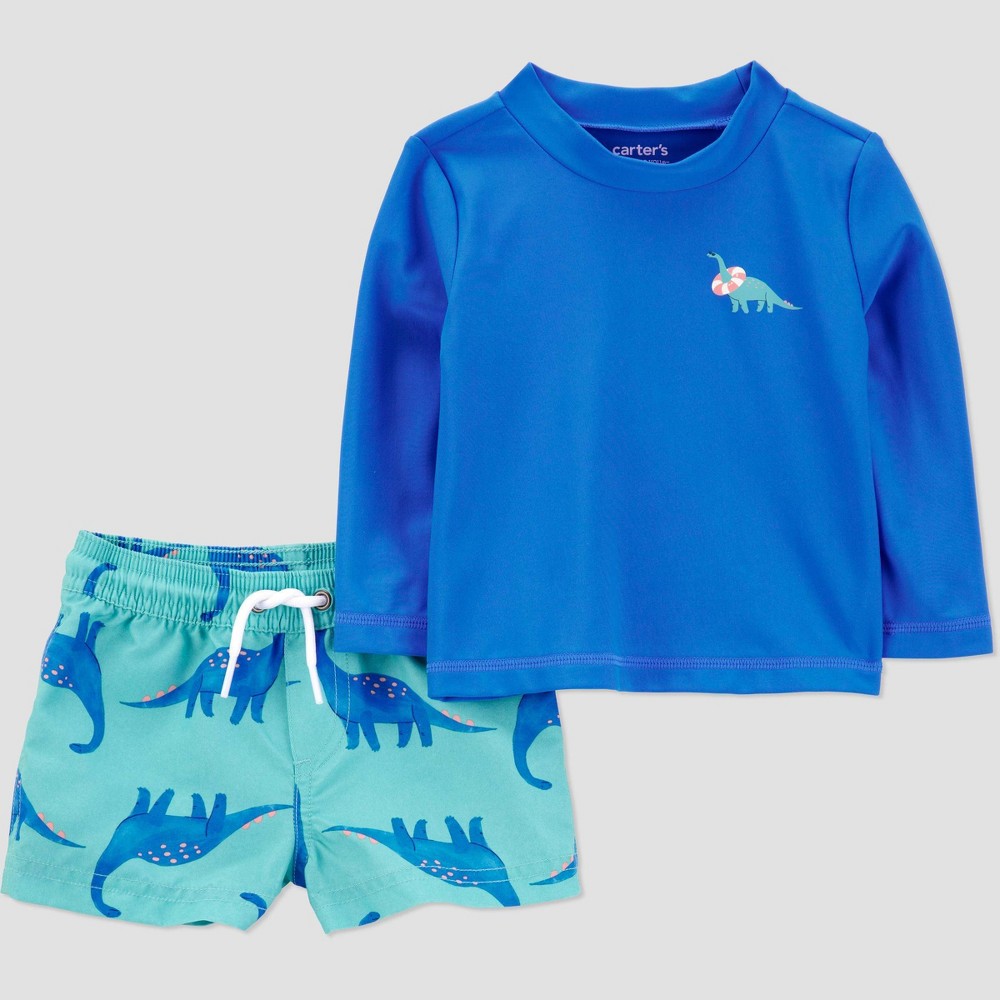 Photos - Swimwear Carter's Just One You®️ Baby Boys' Long Sleeve Dinosaur Printed Rash Guard Set - Blue 12M