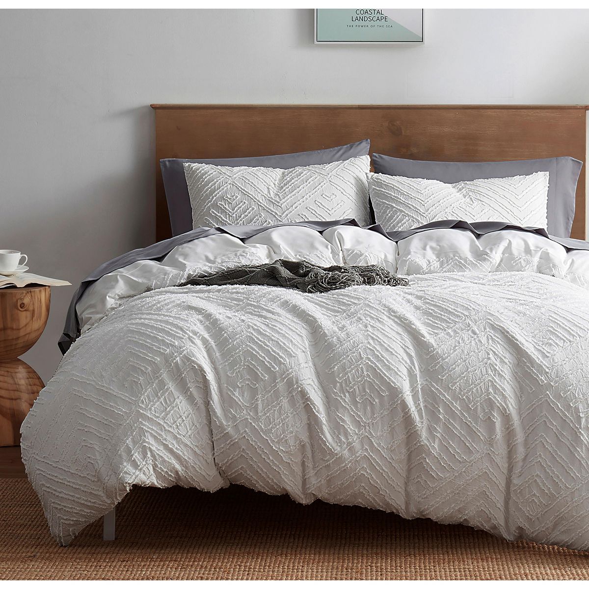Nestl 3 Piece Tufted Boho Duvet Cover, Queen Size Textured Duvet Cover Set with Zipper Closure - White