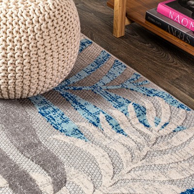 Gray and Blue Palm Leaves Indoor/Outdoor Area Rug
